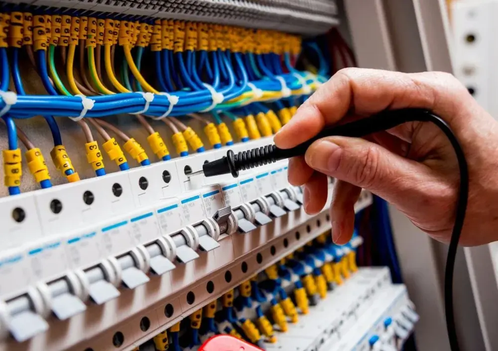 Electrician testing circuit breakers and wiring inside a switchboard.